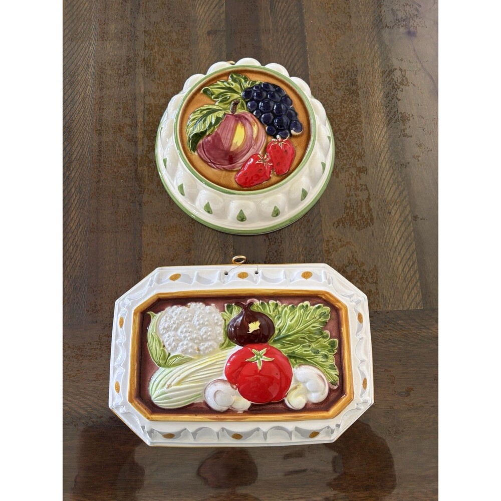 Set Of 2 Ceramic Vegetable Molds 1980’s Kitchen Wall Art Hand Painted